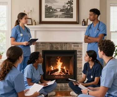 Close-up of a nursing student confidently reviewing pharmacology flashcards in a bright classroom.