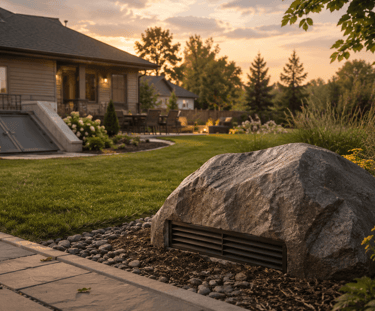 A large landscape rock with built-in ventilation sits in a lush backyard garden during sunset.