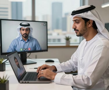 Arab businessman in traditional attire conducting a professional video conference on a laptop and monitor.