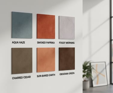 Six square interior paint color samples on a white wall including Aqua Haze and Smoked Paprika.