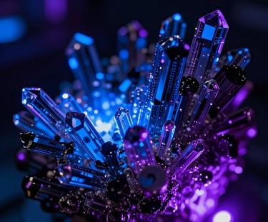 Close-up macro shot of calcified crystalline structures, high contrast, under electric blue and violet laser-like accents, dark neurotech laboratory setting.