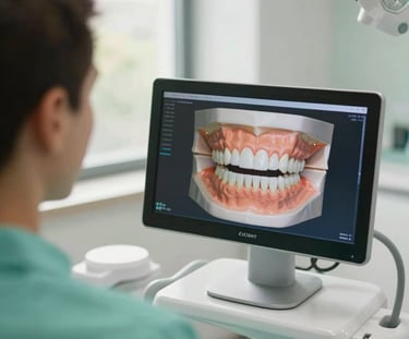 Close-up of a modern dental professional showing a digital 3D jaw model on a screen to a patient, soft natural window light, warm green accents