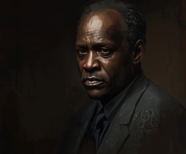 Dramatic oil painting portrait of an elderly Black man in a dark suit with moody lighting.