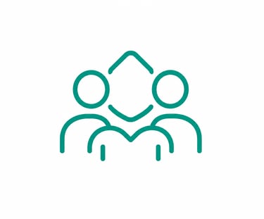 Minimalist teal community icon featuring three stylized people symbols for teamwork and unity.