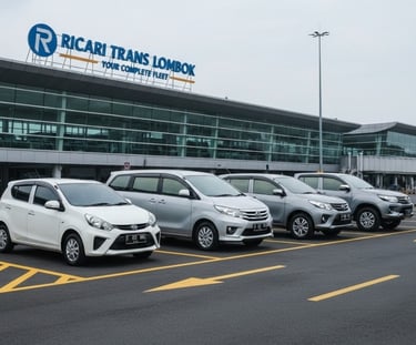 Fleet of Ricari Trans Lombok rental cars parked outside a modern airport terminal building.