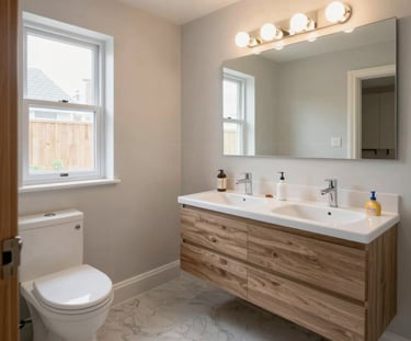 Modern bathroom featuring a floating wood double vanity, marble tile floor, and large vanity mirror with globe lights.