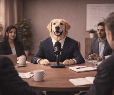 A Golden Retriever wearing a suit leading a business meeting at a conference table.