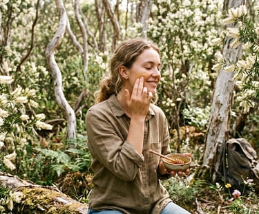 A woman applying a natural tea tree honey face mask outdoors in a blooming tea tree forest.