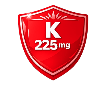 Red shield icon representing Vitamin K 225mg dosage for nutritional supplement immune support.