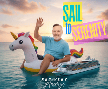 gary k riding a unicorn floaty next to a cruise ship