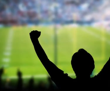 Silhouette of a football fan cheering with arms raised at a bright stadium during a game.