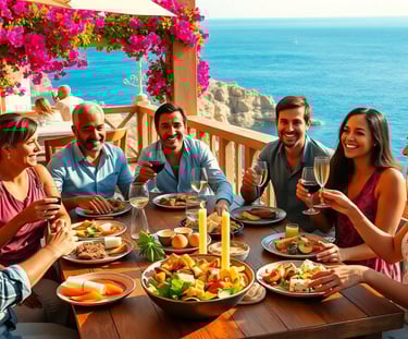 men and women eating at a restaurant in Greece