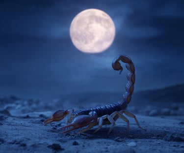 A desert scorpion crawls on sand at night under the light of a full moon.