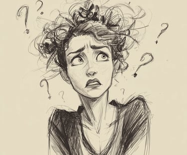 illustration au dessin noir et blanc d'une femme qui se pose des questions