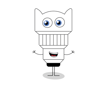 mascotte en forme d'objectif photo contente