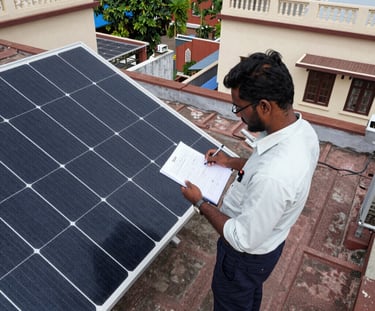 A friendly solar expert discussing subsidy options with a homeowner in a bright living room.