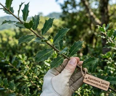 Uma mão com luva segura um ramo de espinheira-santa  com folhas verdes espinhosas.