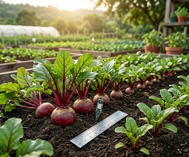 Plantio de beterrabas orgânicas crescendo em canteiros elevados com solo fértil .