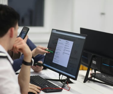 Students analyzing data charts and software results on computer monitors in a modern office.