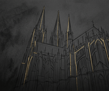 Architectural sketch of the Cologne Cathedral, representing Abionori location for the DACH market.