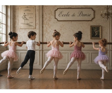 Little ballerinas at the barre in a vintage ballet studio, celebrating childhood dreams, imagination & the joy of dance
