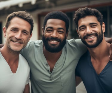three men standing next to each other in a group