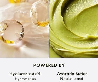 Visual spread of core ingredients in Origins Drink Up Mask, featuring avocado oil, apricot kernel oi