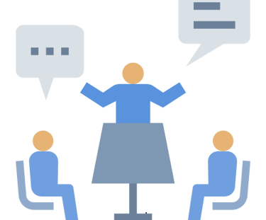 a woman sitting at a table with a speech bubble
