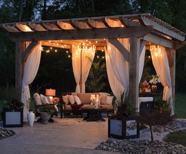 elegant outside patio with stamped concrete flooring, and pretty lighting