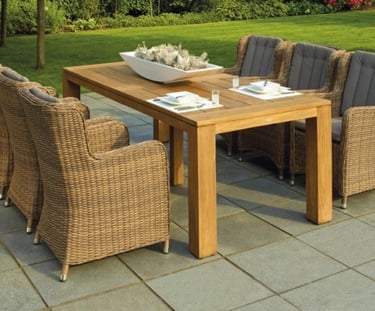 Stamped concrete patio withStamped concrete patio with wooden and outside patio furniture