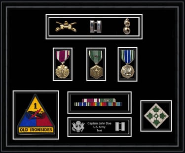 Custom US Army shadow box featuring Captain rank insignia, military medals, and Old Ironsides patches.