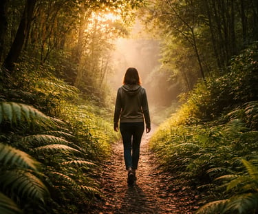 Uma mulher caminhando em uma trilha de floresta iluminada pelo sol, cercada por exuberantes samambai