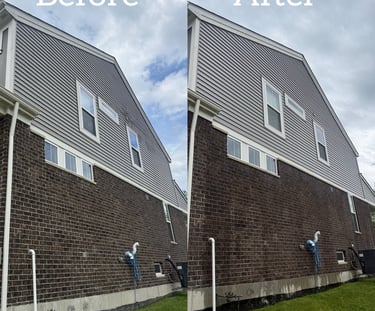 Before and after comparison of professional house soft washing on grey siding and dark brick exterior.