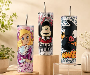 Juego de tres termos con temática de anime, con diseños de Candy Candy, Mafalda y P-chan