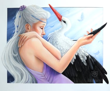 pastelpainting depicting a woman and a stork, the woman is holding a stork feather in her hand