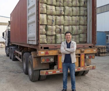 international business partner standing behind a container of dried Gracilaria seaweed, Indonesia