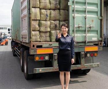 international business partner standing behind a container of dried Gracilaria seaweed, Indonesia