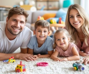 imagem de uma família tradicional com seus filhos, um casal menino e menina felizes