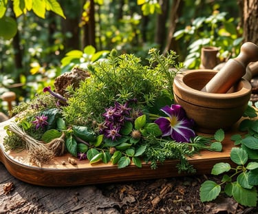various herbs, mortar and pestle on wooden cutting board