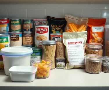  kitchen countertop filled with an assortment of non-perishable food items