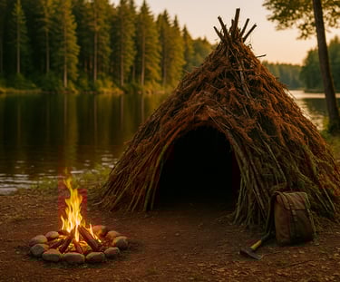 Primitive shelter made of woven brush and sticks beside a lake