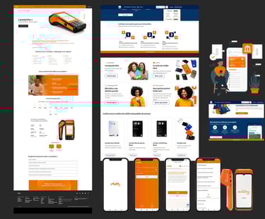Screenshot of Itaú bank website displaying credit card offers, mobile banking app interfaces, and portable card machine