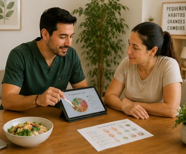 Nutriólogo dándole a su paciente una lección de educación en nutrición para cambio de hábitos 