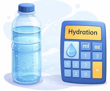 Ilustración de calculadora de hidratación con botella de agua para calcular cuánta agua beber al día