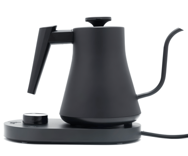 Matte black electric gooseneck kettle for pour-over coffee on a digital heating base.