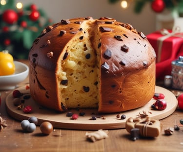 panetone de chocolate em um prato em cima de uma mesa enfeitada para o natal