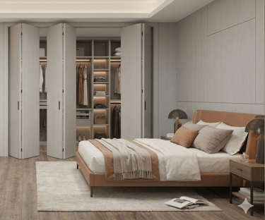 Modern master bedroom featuring a leather bed and built-in walk-in closet with folding doors.