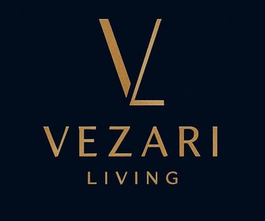 Vezari Living official brand logo in navy blue and gold - luxury handmade carpets from Bhadohi, India
