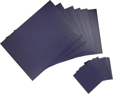 Set of navy blue faux leather placemats and matching coasters with embossed logos.