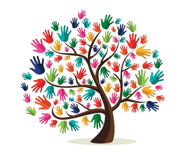 A tree with colourful helping hands as leaves.